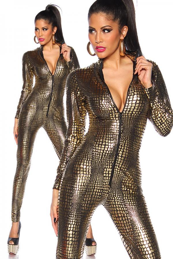 Wetlook jumpsuit krokodillenprint goud
