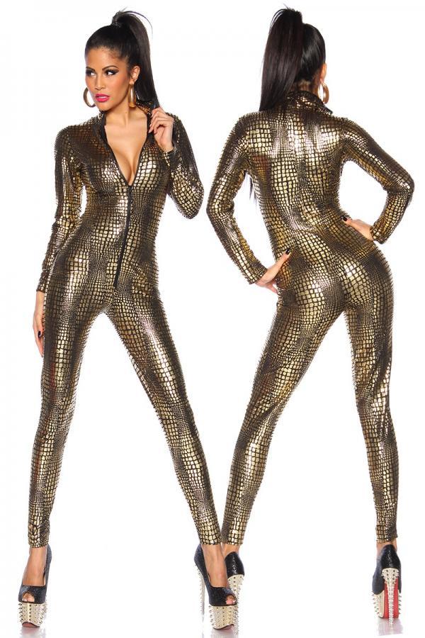 Wetlook jumpsuit krokodillenprint goud