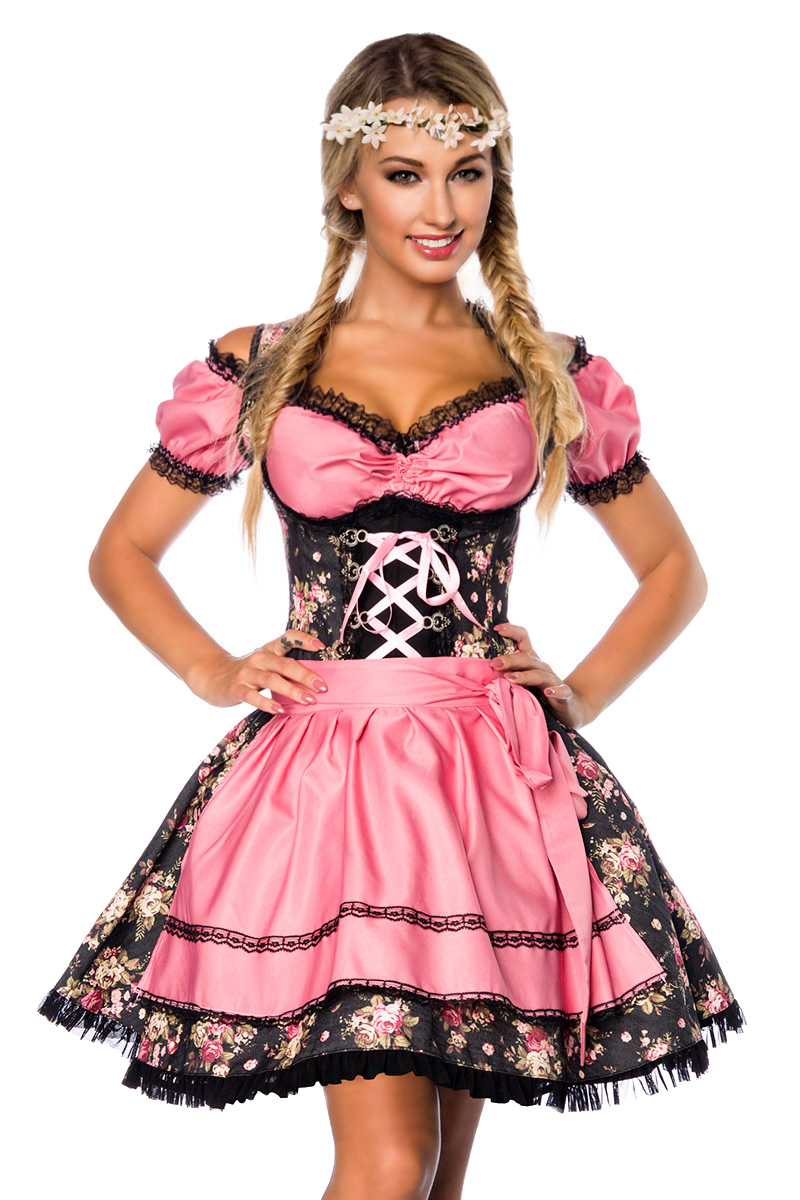 Premium dirndl zwart/roze bloem met blouse