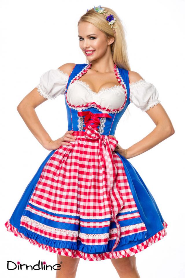 Onderborstdirndl geruite schort blauw/rood