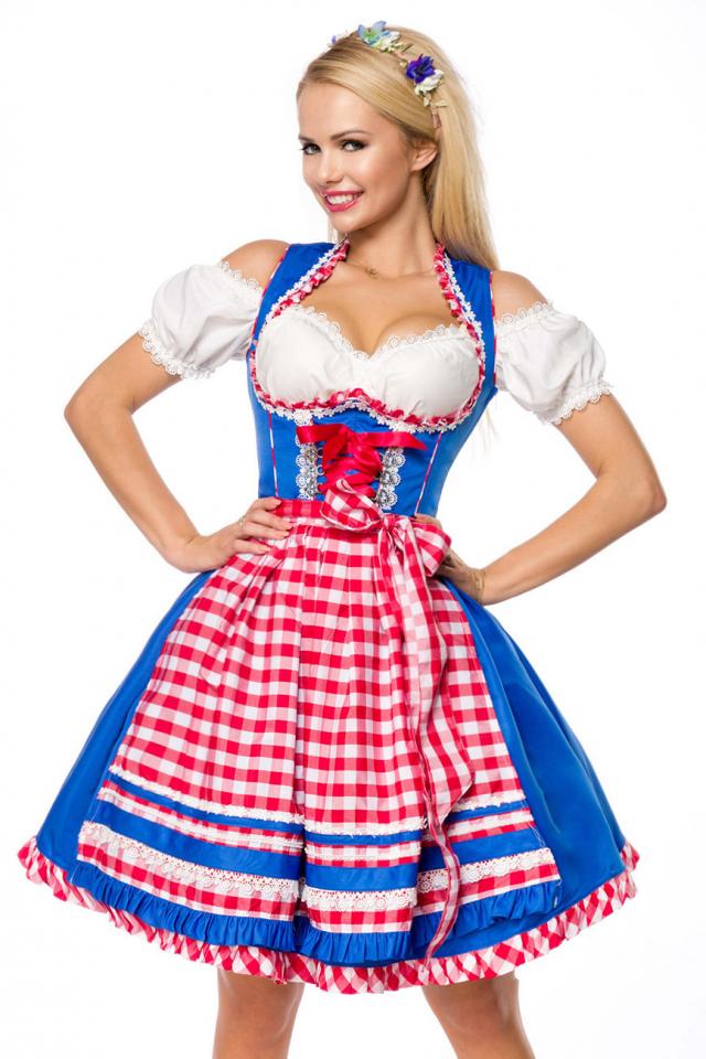 Onderborstdirndl geruite schort blauw/rood