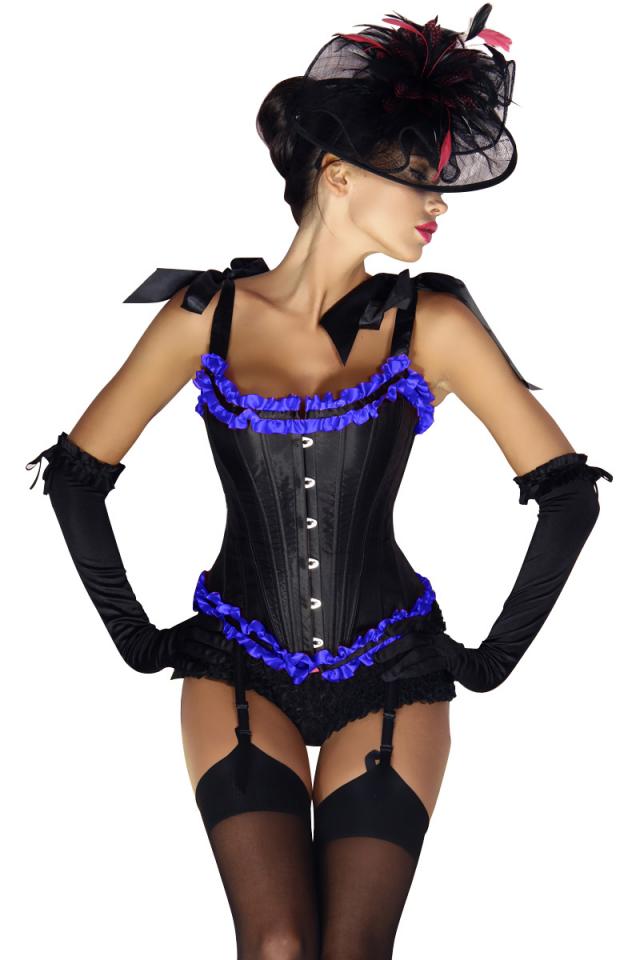 Jarretelcorset met bijpassende string zwart- blauw