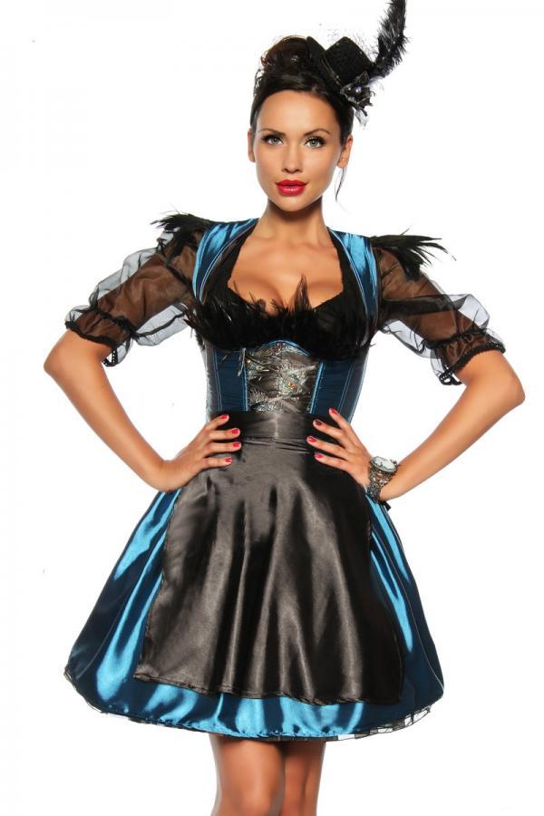 Dirndl jurk blauw/zwart veren