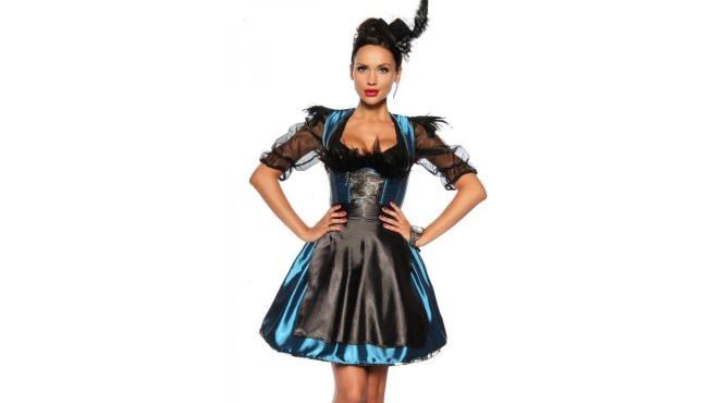 Dirndl jurk blauw/zwart veren