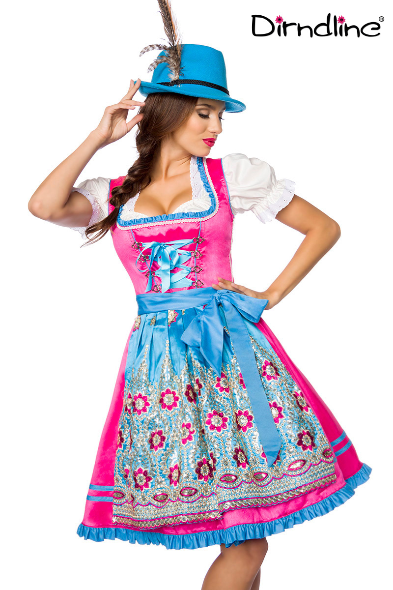 Premium Dirndl jurk roze/ blauw bloemen