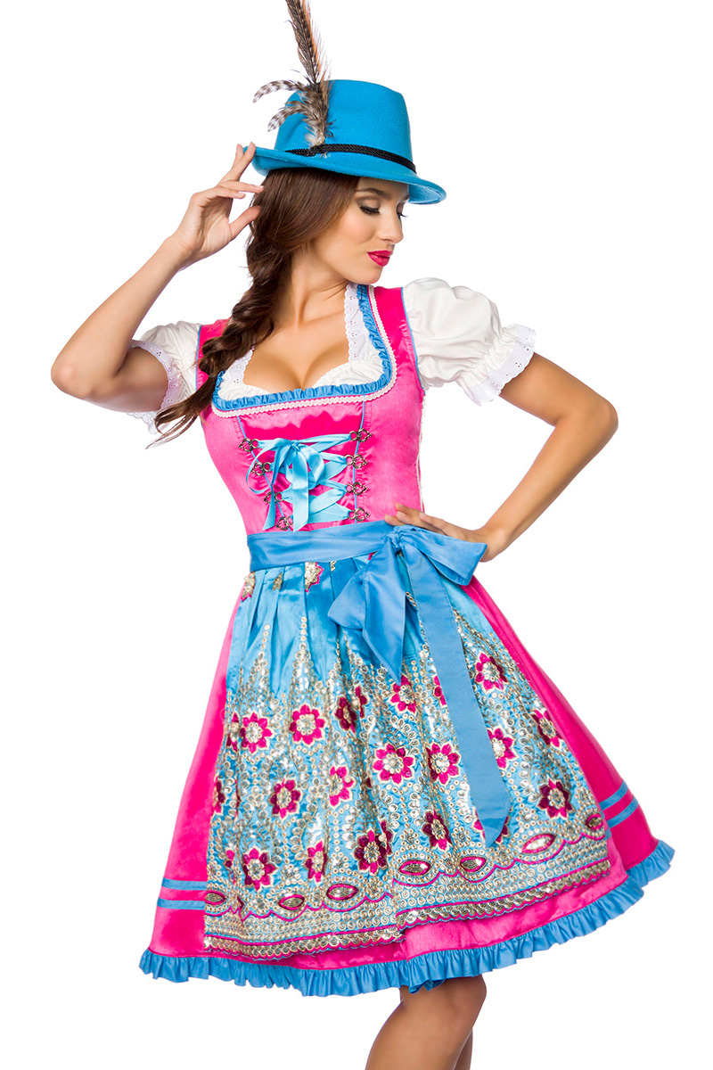 Premium Dirndl jurk roze/ blauw bloemen