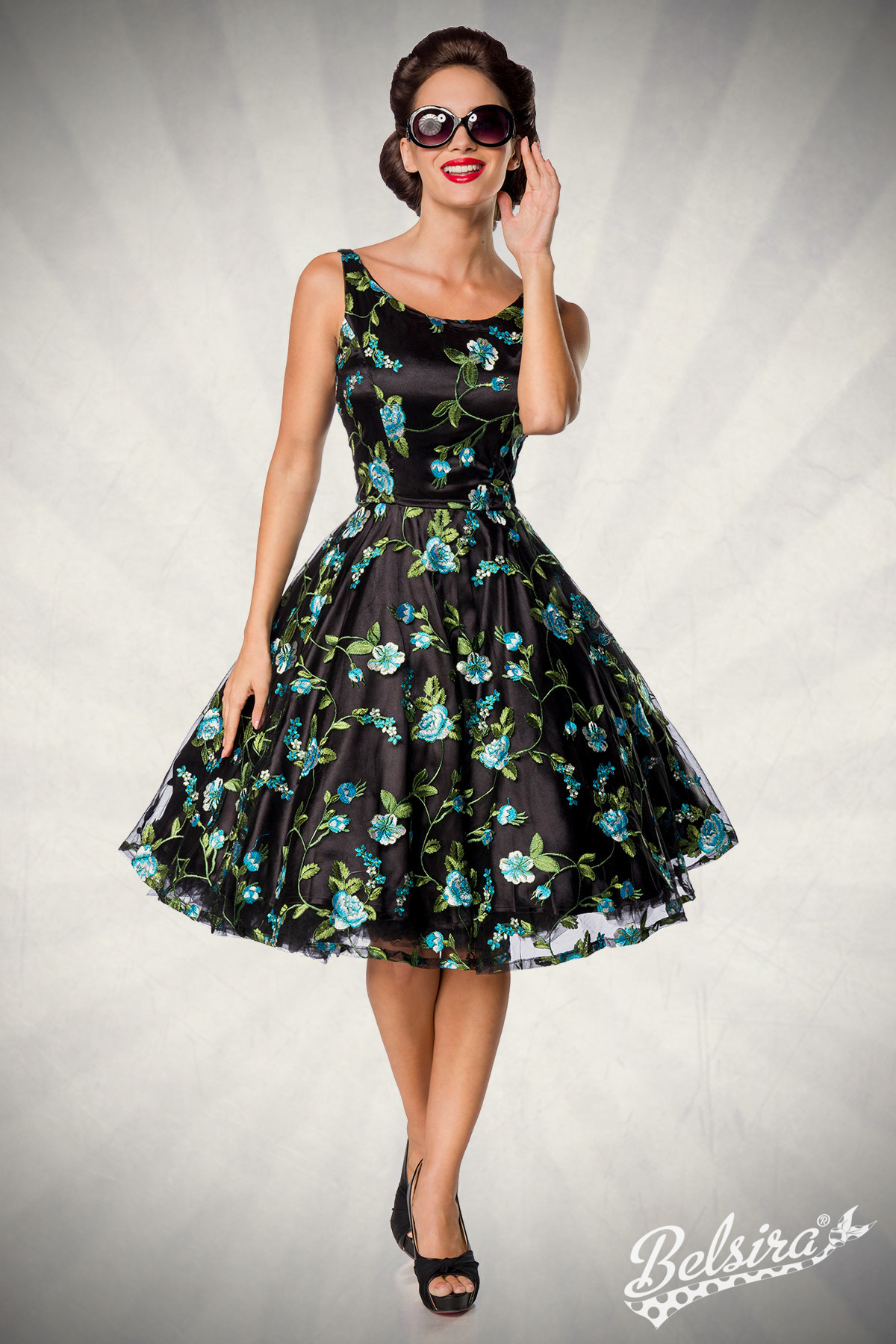 Belsira retro bloemenjurk zwart 